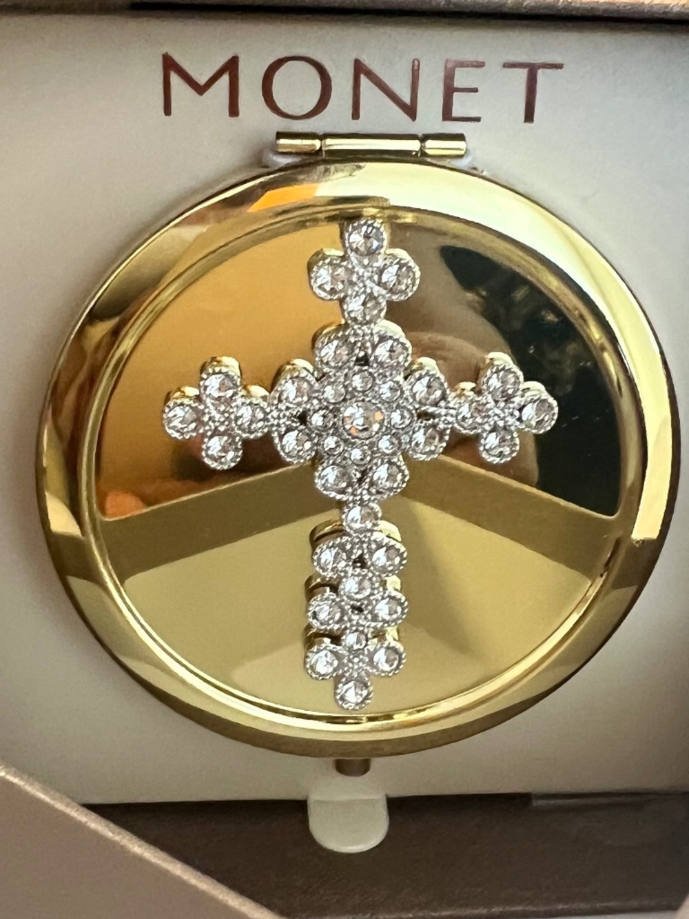 NIB Monet Gold Tone Cross Compact Mirror